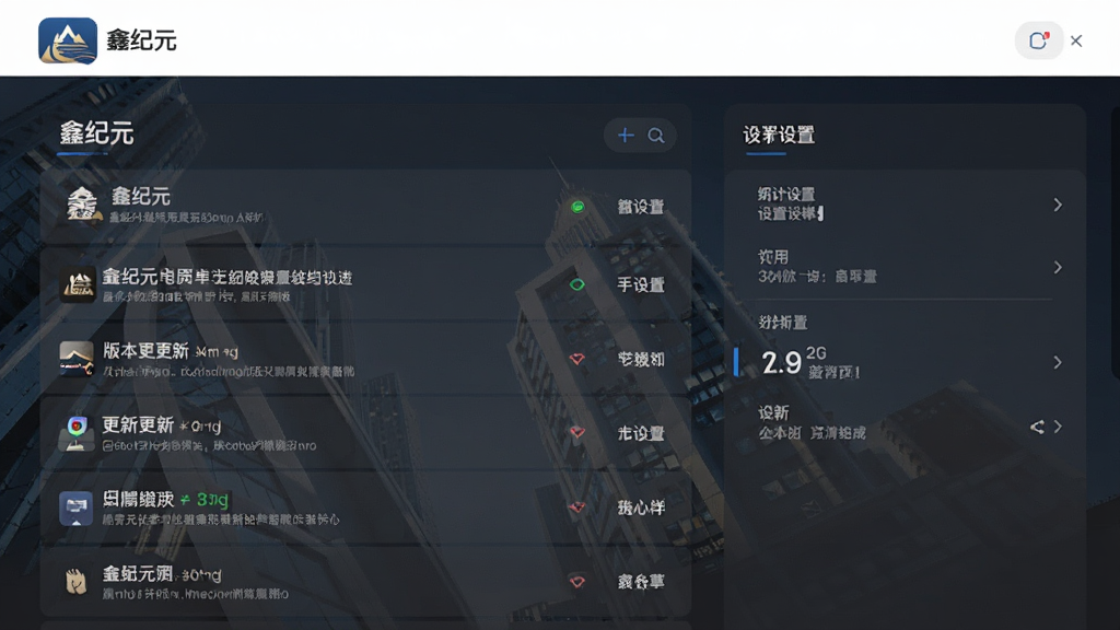 一张展示“鑫纪元”应用设置与更新界面的图片,画面中有版本更新日志列表和设置选项,界面布局清晰,顶部有应用名称“鑫纪元”,风格简洁现代,画质干净无多余元素