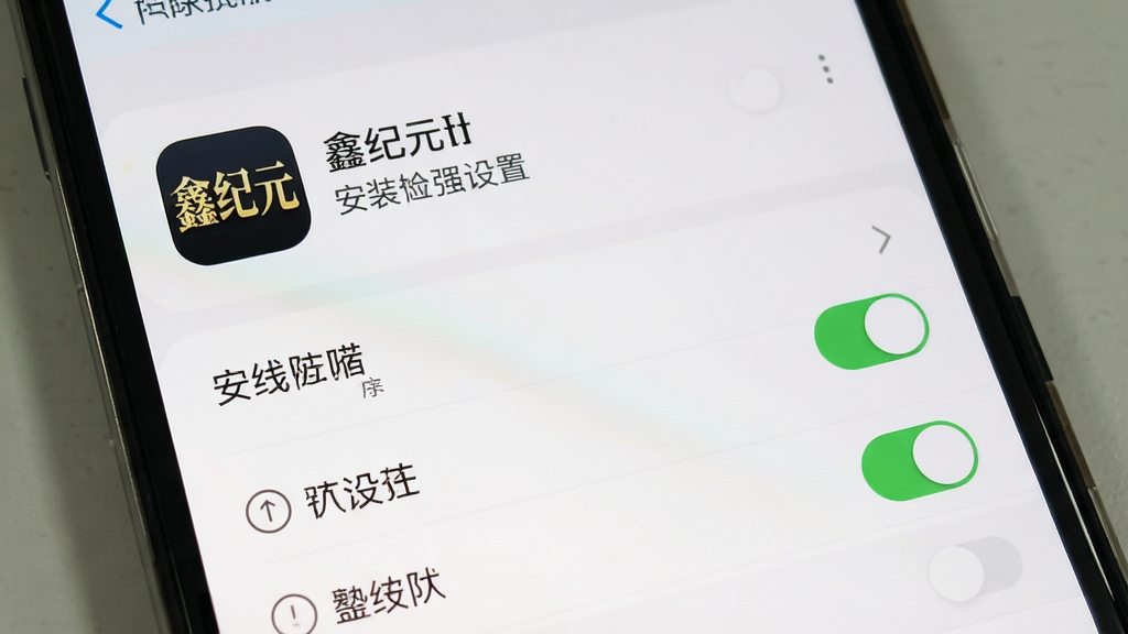 一张展示手机安装应用时权限设置界面的图片,画面中有“鑫纪元”应用图标和权限开关列表,背景为手机系统设置界面,风格真实,布局清晰,画质干净无多余元素