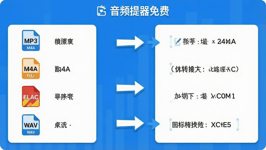 一张信息图风格的界面展示,画面中“音频提取器免费”App的格式转换功能页面,左侧列着MP3、M4A、FLAC、WAV等格式图标,右侧有转换箭头指向目标格式,整体以蓝白为主色调,布局清晰,文字标签明确,画质干净无多余元素。