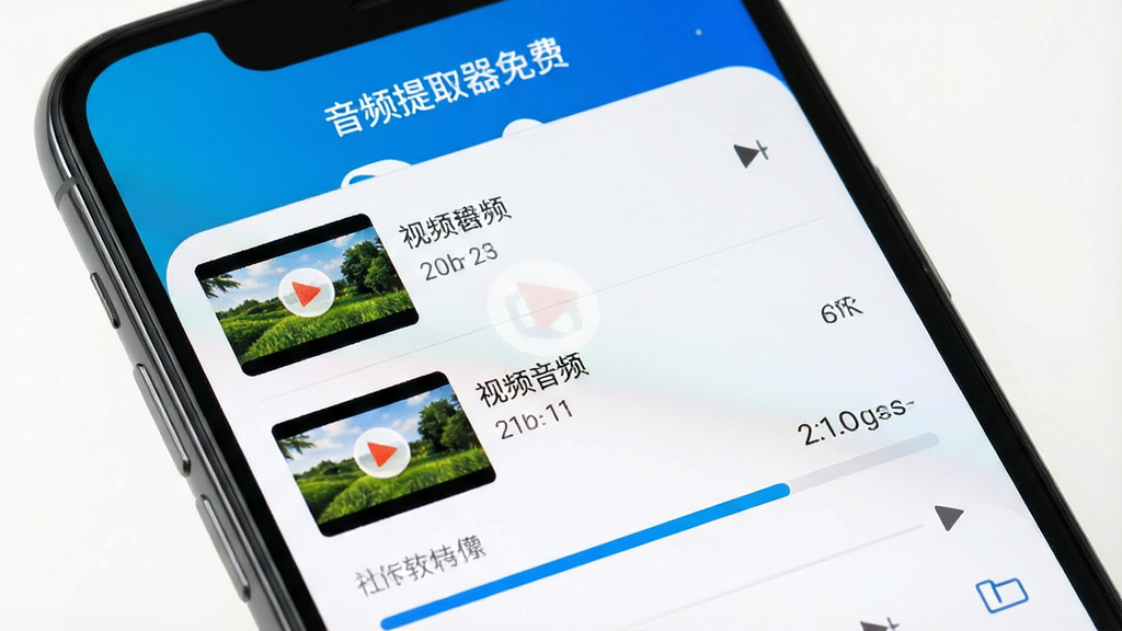 一部智能手机屏幕特写,画面中“音频提取器免费”App正在执行视频转音频任务,界面显示多个视频文件列表和转换进度条,背景是蓝色渐变,画质干净清晰,无多余装饰元素。