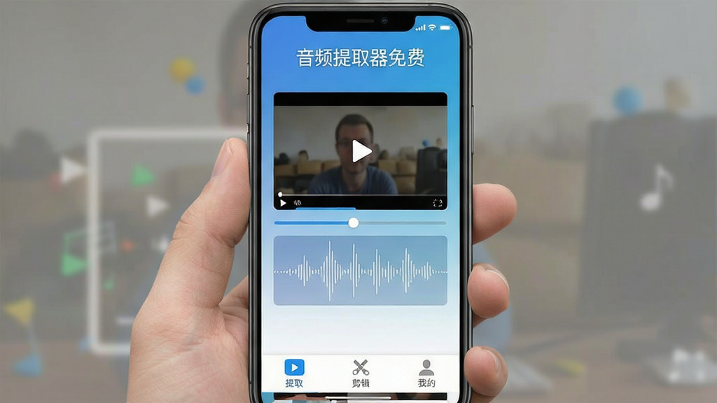 一张展示“音频提取器免费”App核心功能的手机界面截图,画面中央是App主界面,顶部有“音频提取器免费”的标题文字,中间显示视频转音频的进度条和波形图,底部有“提取”“剪辑”“我的”三个选项卡,整体采用蓝白渐变配色,界面干净简洁,无多余广告元素,画质清晰,扁平化设计风格。