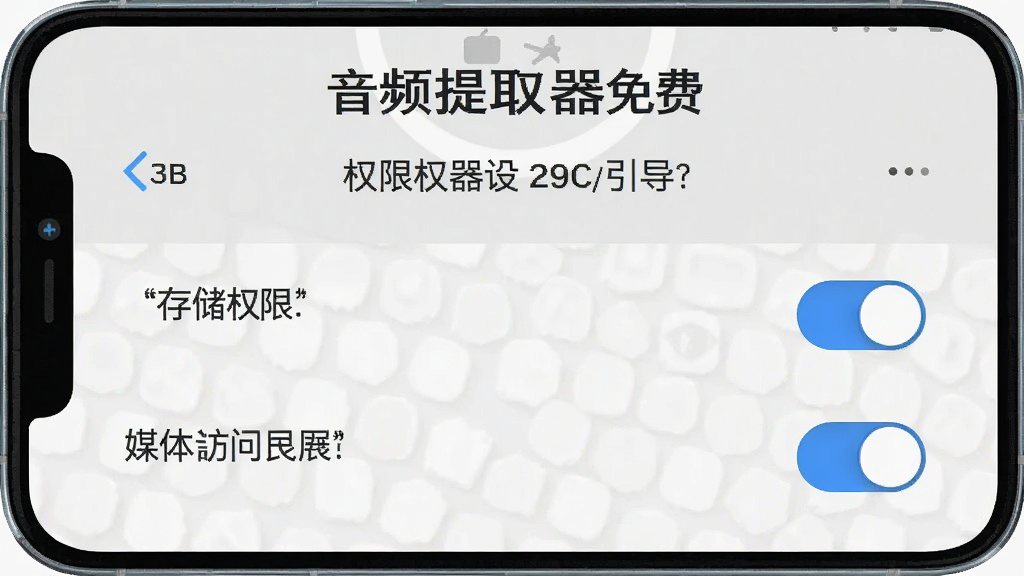 一张手机屏幕截图展示“音频提取器免费”App的权限设置引导页面,画面中有存储权限和媒体访问权限的开关按钮,背景为浅灰色,文字说明清晰,整体风格简洁干净,无多余装饰。