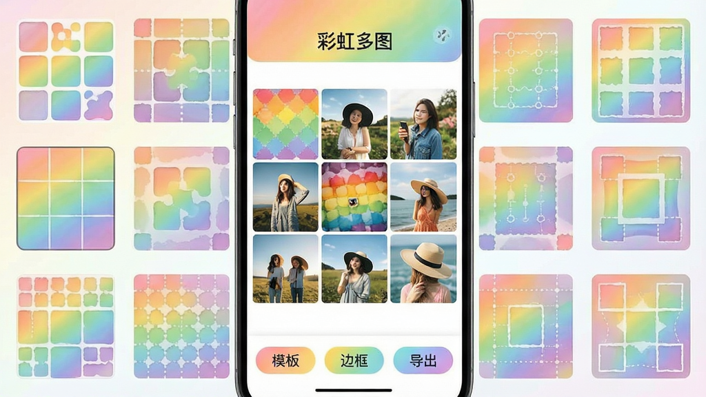 一张手机屏幕展示“彩虹多图”应用主界面,界面中央是九宫格照片拼图预览,四周环绕着各种拼图模板缩略图,底部有“模板”“边框”“导出”按钮,整体配色是柔和的彩虹渐变,风格清新明快,布局简洁直观,细节干净利落,画质清晰无多余元素。