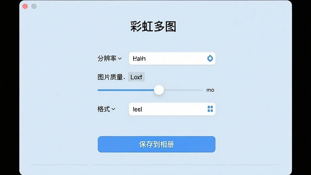 展示“彩虹多图”导出设置界面,画面中央是导出参数选项,包括分辨率选择、图片质量滑块、格式选项,界面下方有“保存到相册”按钮,背景为淡蓝色,整体风格简约现代,布局清晰,文字标签明确,细节干净,画质清晰无多余元素。