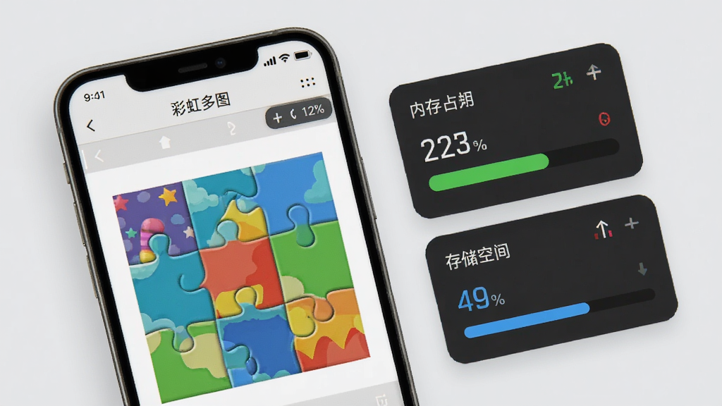 展示“彩虹多图”应用在手机后台运行的界面,画面中手机屏幕显示拼图编辑界面,旁边有内存占用和存储空间的简洁数据面板,背景是浅灰色,整体风格干净清爽,布局直观,细节清晰,画质明亮无多余元素。
