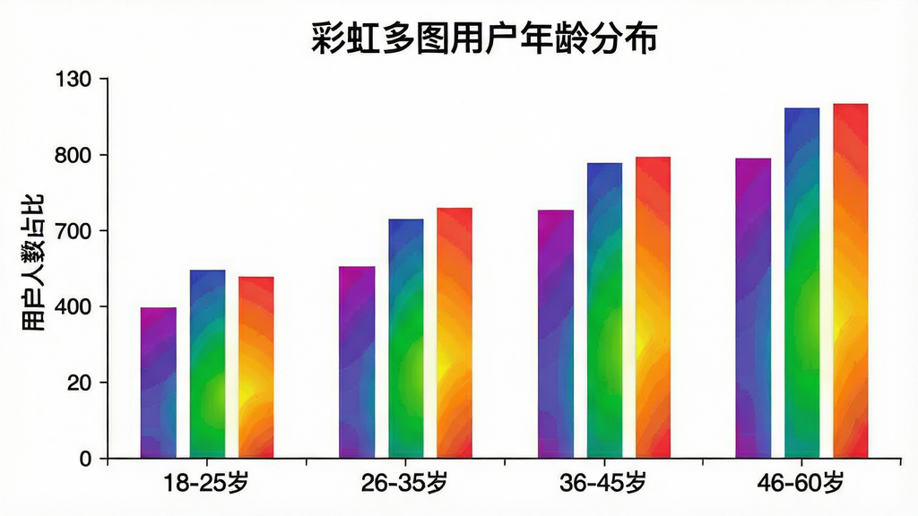 一张柱状图展示“彩虹多图”用户年龄分布,横轴为年龄段“18-25岁”“26-35岁”“36-45岁”“46-60岁”,纵轴为用户人数占比,柱状颜色为彩虹渐变色,图表标题为“彩虹多图用户年龄分布”,背景为白色,风格简洁数据可视化,细节清晰,画质干净无多余元素。