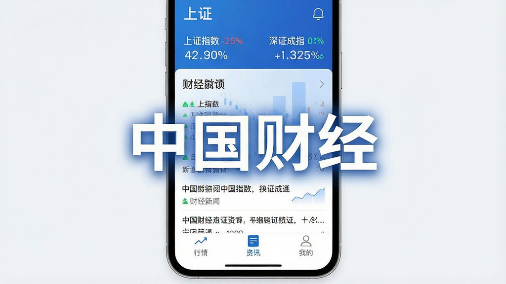 一张手机屏幕展示财经资讯App主界面的图片,画面中央是“中国财经”四个大字作为App名称,界面顶部显示上证指数和深证成指实时数据,中间是滚动财经新闻列表,底部有行情、资讯、我的三个导航标签,整体采用蓝白配色,风格简洁现代,布局清晰,画质干净,无多余元素