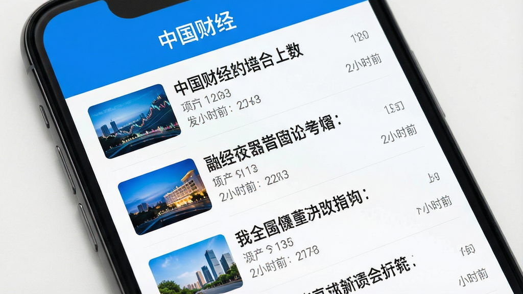 一张展示手机财经App新闻列表页面的图片,画面中手机屏幕顶部显示“中国财经”App名称,下方是整齐排列的财经新闻标题列表,每条新闻左侧有缩略图,右侧有标题和发布时间,界面风格清爽,蓝白配色,排版规整,画质干净,无多余元素