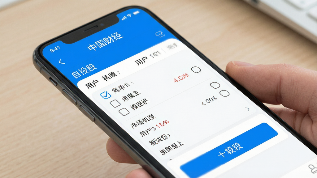 一张展示手机财经App自选设置页面的图片,画面中手机屏幕顶部显示“中国财经”App名称,屏幕内呈现自选股管理界面,用户可勾选不同股票和板块,界面风格简洁,蓝白配色,操作按钮清晰,画质干净,无多余元素