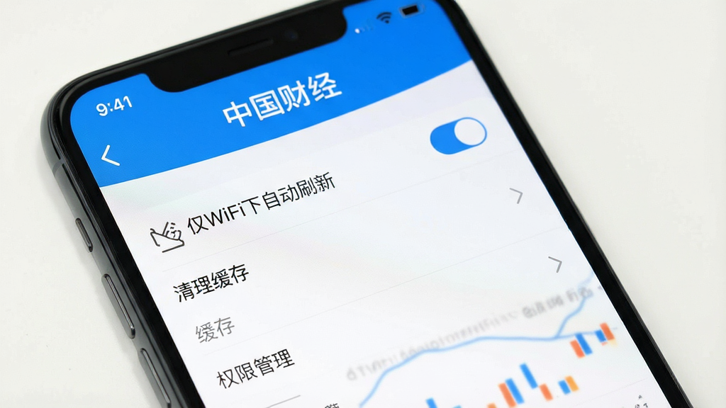 一张展示手机财经App设置页面的图片,画面中手机屏幕顶部显示“中国财经”App名称,屏幕内呈现设置选项列表,包括“仅WiFi下自动刷新”“清理缓存”“权限管理”等条目,界面风格简洁,蓝白配色,文字清晰,画质干净,无多余元素