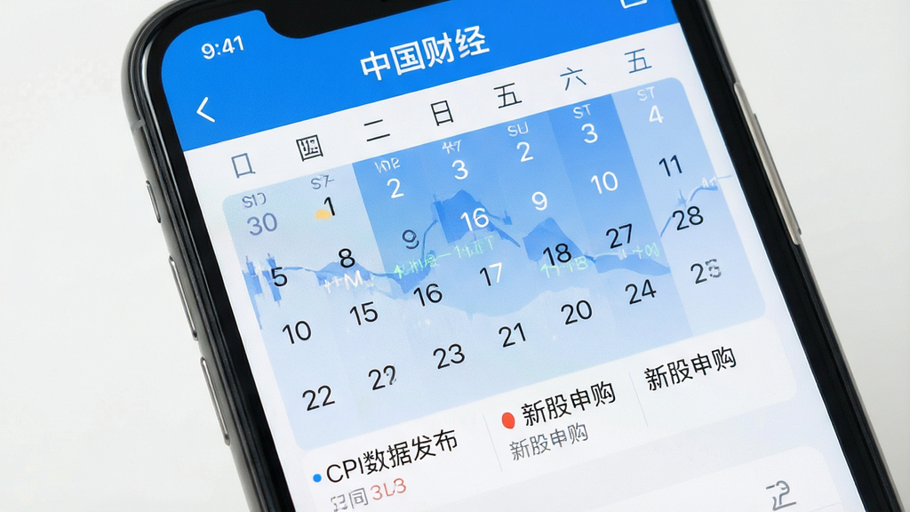 一张展示手机财经App财经日历页面的图片,画面中手机屏幕顶部显示“中国财经”App名称,屏幕内呈现月历视图,日期下方标注了重要财经事件如“CPI数据发布”“新股申购”等,界面风格清晰,蓝白配色,排版规整,画质干净,无多余元素