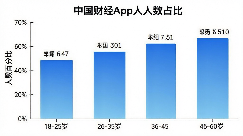 一张柱状图图片,展示不同年龄段用户使用“中国财经”App的人数占比,横轴标注年龄段18-25岁、26-35岁、36-45岁、46-60岁,纵轴标注人数百分比,柱状图颜色为蓝色渐变,背景干净,数据标签清晰,画质干净,无多余元素