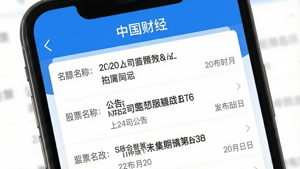 一张展示手机财经App公告查询页面的图片,画面中手机屏幕顶部显示“中国财经”App名称,屏幕内呈现上市公司公告列表,每条公告显示股票名称、公告标题和发布日期,界面风格简洁,蓝白配色,信息层级分明,画质干净,无多余元素
