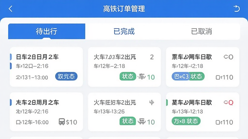 火车票高铁订票软件订单管理页面,列表显示“待出行”“已完成”“已取消”三个标签,下方有具体车次卡片,卡片上有发车日期和状态标签,界面整齐,蓝白配色,无多余广告元素。