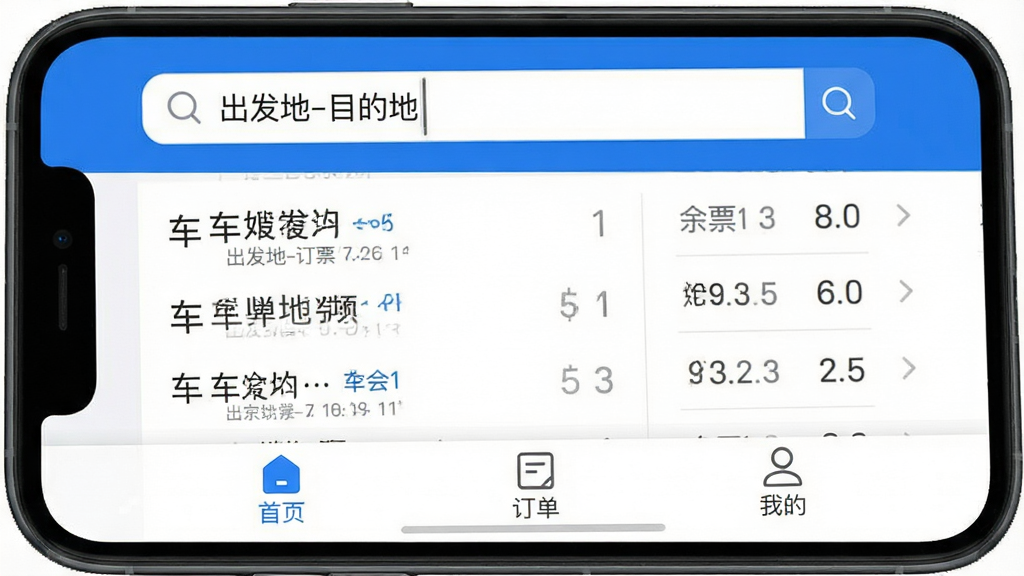 一张手机屏幕展示火车票高铁订票软件主界面,顶部搜索框写着“出发地-目的地”,中间显示车次列表和余票数字,底部有“首页”“订单”“我的”三个图标。整体蓝白配色,布局清晰,风格简洁现代,文字标签明确,画质干净无多余元素。