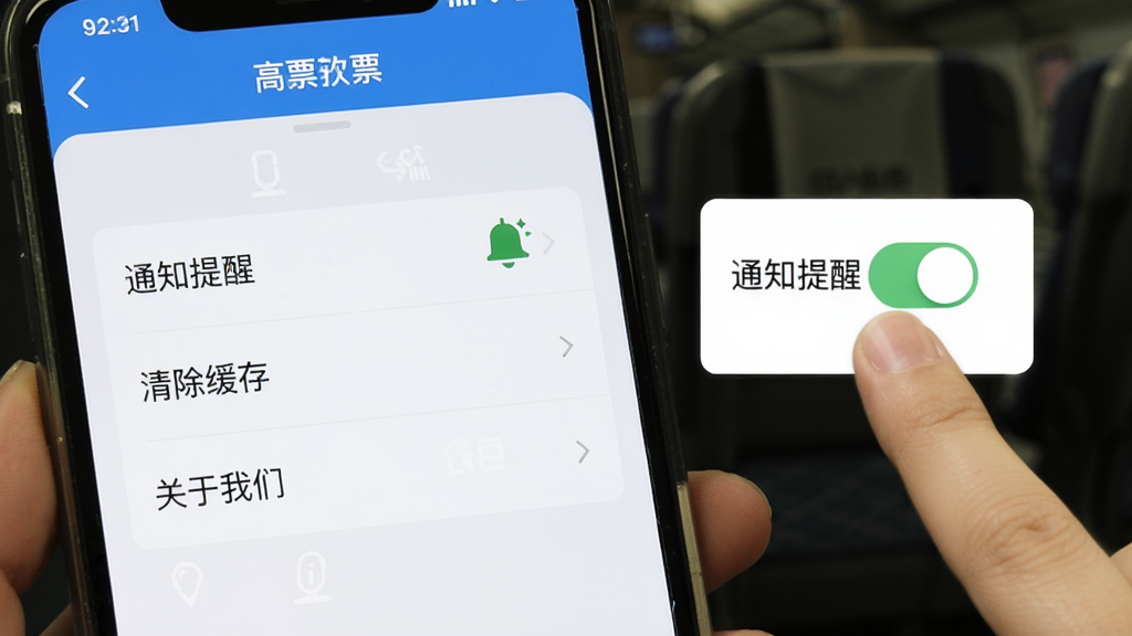 手机屏幕显示火车票高铁订票软件的设置页面,有“通知提醒”“清除缓存”“关于我们”等选项,旁边有手指点击“通知提醒”开关的示意图,界面简洁,蓝白配色,文字清晰。