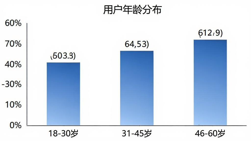 一张柱状图展示火车票高铁订票用户年龄分布,横轴为年龄段“18-30岁”“31-45岁”“46-60岁”,纵轴为用户占比百分比,柱子颜色为蓝色渐变,图表标题为“用户年龄分布”,背景干净,数据标签清晰。