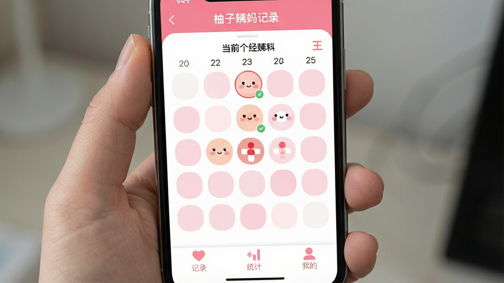 一张手机屏幕展示柚子姨妈记录App主界面的详细图片,主体是一个粉色和白色为主的日历视图,布局中间显示当前日期和经期状态图标,排版简洁,风格清新可爱,细节上日历格子圆润,底部有记录、统计、我的三个标签,画质高清干净无多余元素,图片中文字包含“柚子姨妈记录”