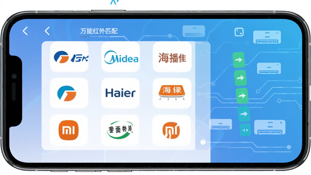 空调通用遥控器万能红外码库匹配界面,手机屏幕显示品牌选择列表,有格力、美的、海尔、小米等logo图标,旁边有信号匹配进度条,背景是科技感线条与空调图标组合,风格简洁扁平,蓝白渐变色调,画质清晰,干净无多余元素