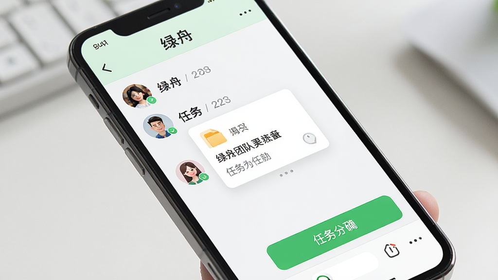 一张展示绿舟团队协作界面的图片,画面中是一个手机屏幕,屏幕内显示绿舟的群组聊天界面,有成员头像、文件卡片和任务分配按钮,布局紧凑,排版清晰,风格轻松友好,细节精致,画质干净,无多余元素。