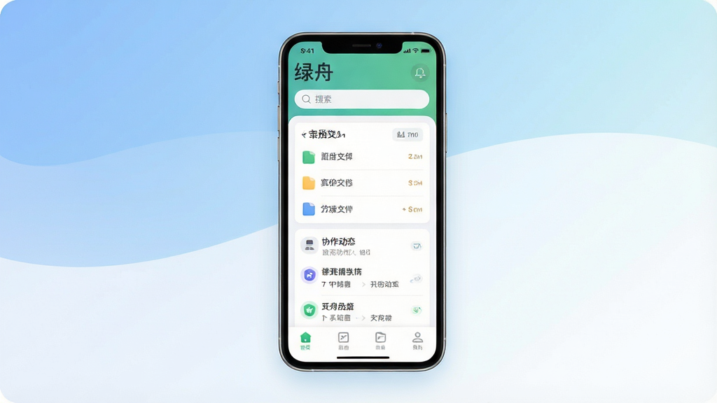 一张展示绿舟App核心界面的图片,画面中央是手机屏幕,屏幕内显示绿舟App的主页,顶部有“绿舟”Logo和搜索栏,中间是文件列表和协作动态卡片,底部是导航栏,布局简洁,排版清晰,风格现代扁平化,细节圆润,画质干净,无多余元素,背景为柔和的蓝白渐变。
