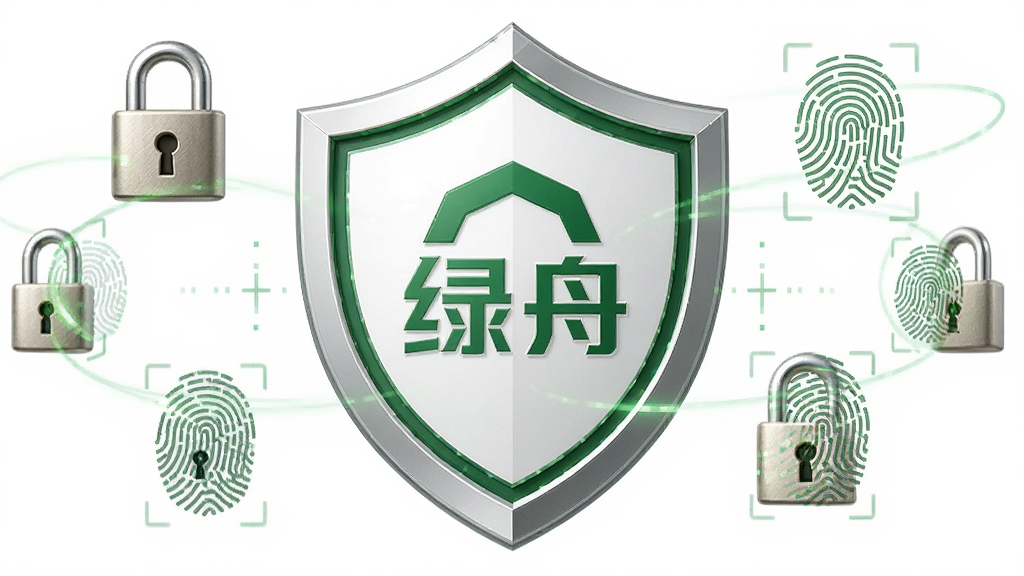 一张展示绿舟安全隐私保护的图片,画面中是一个盾牌形状的图标,盾牌内部是绿舟的Logo,周围环绕着锁和指纹识别的图案,布局居中,排版对称,风格安全可靠,细节精致,画质干净,无多余元素。