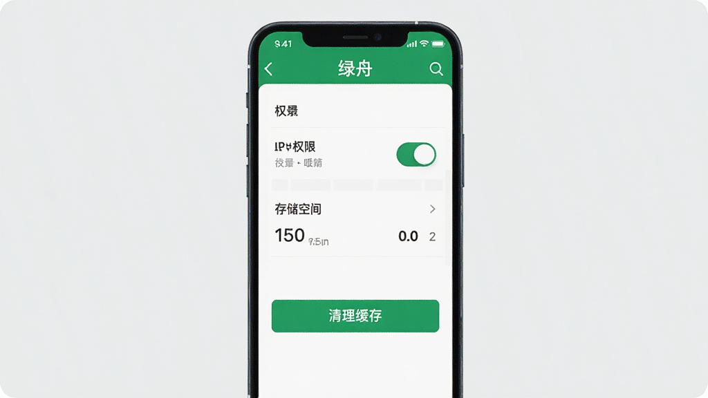 一张展示绿舟使用指南的图片,画面中是一个手机屏幕,屏幕内显示绿舟的设置页面,有权限开关、存储空间显示和清理缓存按钮,布局清晰,排版整齐,风格简洁实用,细节明确,画质干净,无多余元素。