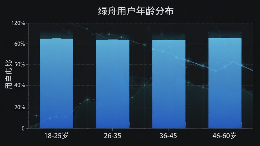 一张展示绿舟用户年龄分布的柱状图,横轴是年龄段18-25岁、26-35岁、36-45岁、46-60岁,纵轴是用户占比,柱状图颜色为蓝色渐变,布局居中,排版清晰,风格数据可视化,细节明确,画质干净,无多余元素。
