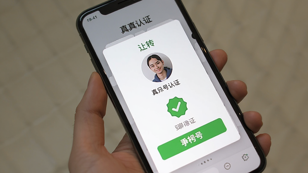 附近两性聊真人认证界面,手机屏幕显示头像上传和手机号验证步骤,界面有绿色对勾和认证标识,背景为白色卡片式设计,风格清爽,画质清晰干净