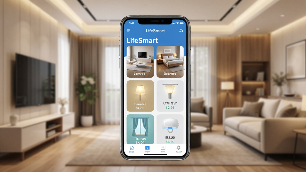 一张展示LifeSmart智能家居App主界面的图片,画面中央是一部智能手机,屏幕显示LifeSmart应用界面,界面中有客厅、卧室、灯光、窗帘等设备卡片整齐排列,背景是温馨的现代家居环境,风格简洁科技感,画质干净清晰,无多余元素