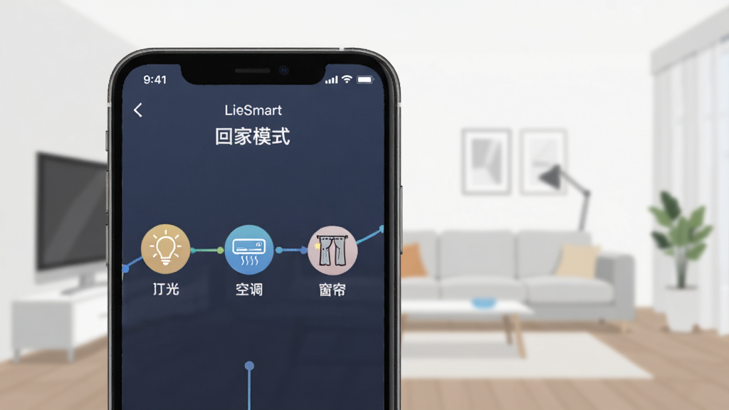 LifeSmart App场景编辑界面示意图,画面中手机屏幕显示“回家模式”设置页面,有灯光、空调、窗帘等图标被串联在一条自动化流程线上,背景是简约的智能家居客厅,风格现代扁平,画质干净无多余元素