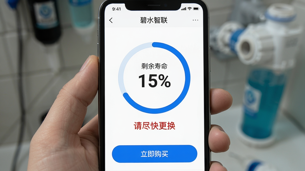 ��ˮ������о�������棬�ֻ���Ļ��ʾ����ˮ������App����о״̬ҳ���м���һ�����Բ�ν�������ʾ��оʣ������Ϊ15%���·��к�ɫ�������ѡ��뾡����������ײ���һ����ɫ�ġ��������򡹰�ť��������Ƽ��ֱ�ۣ���������