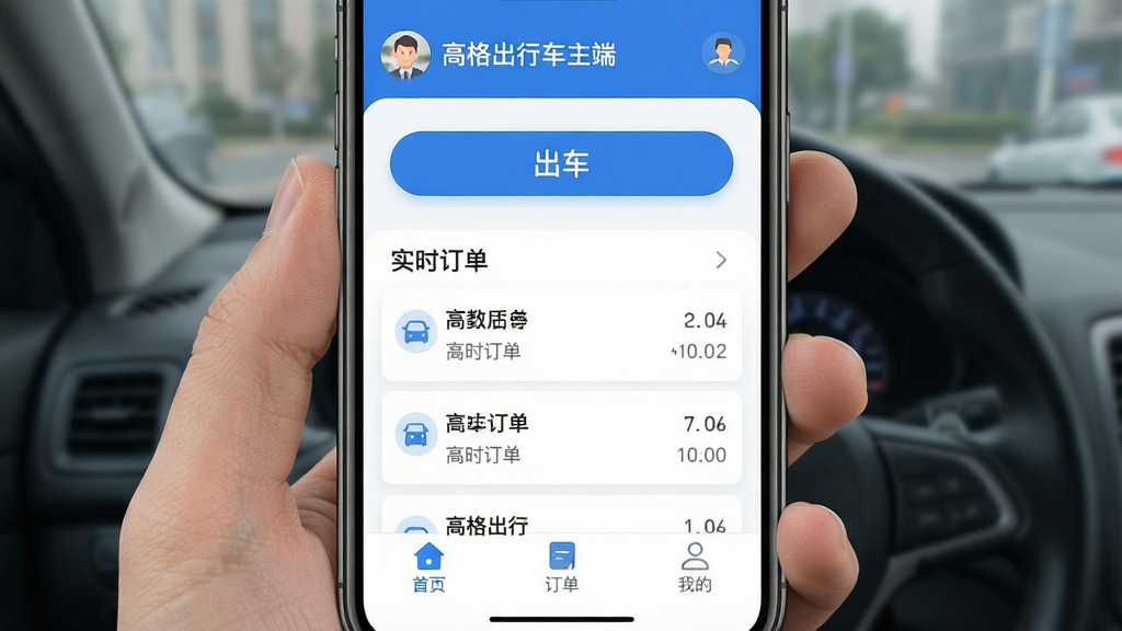 一张手机屏幕截图,展示“高格出行车主端”的司机端主界面。画面主体是一个干净整洁的接单大厅,顶部显示“高格出行车主端”文字标识和司机头像,中间是醒目的“出车”按钮和实时订单列表,底部有“首页”“订单”“我的”三个导航标签。整体布局清晰,以蓝色和白色为主色调,风格现代扁平,图标圆润,画质干净无多余元素,模拟真实手机应用界面。