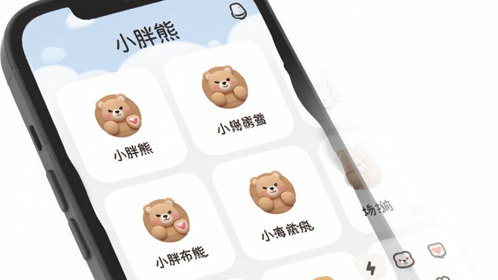 一张展示“小胖熊”功能布局的图片,画面中手机屏幕显示小胖熊应用的各个功能模块整齐排列,每个模块配有图标和文字说明,背景是简洁的白色,风格扁平化,细节圆润,画质清晰,无多余元素