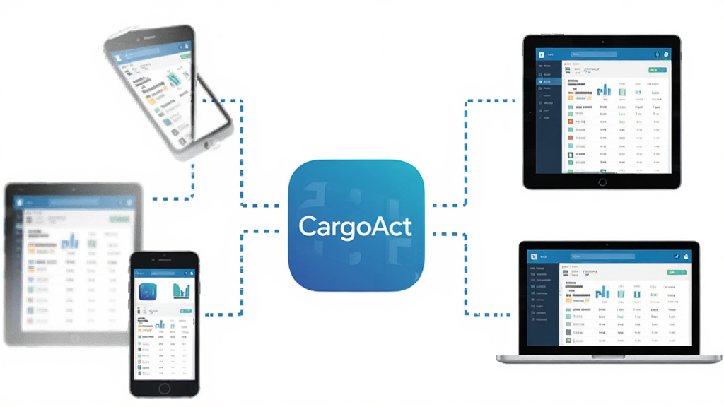 һ��չʾCargoActӦ�ö��豸ͬ�����ܵ�ʾ��ͼ�����������ǡ�CargoAct��Ӧ��ͼ�꣬ͼ����Χ�������������ֻ���ƽ��ͱʼǱ����������豸ͼ�꣬�豸��Ļ����ʾ����ͬ�����ݽ��档���ֶԳƣ����Ƽ���Լ��������ɫΪ�������������޶���Ԫ�ء�