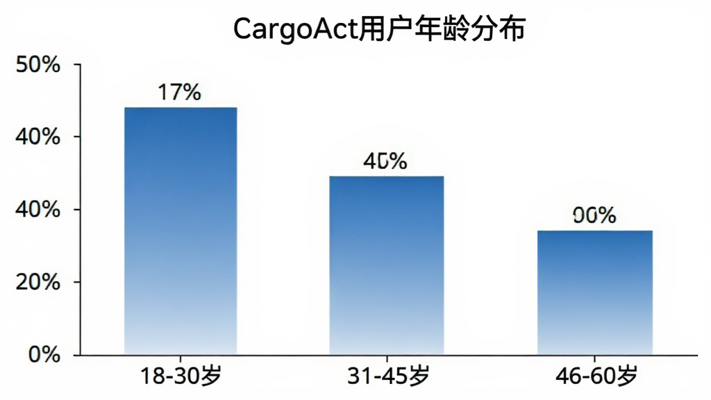 һ��չʾCargoAct�û�����ֲ�����״ͼ��ͼ������Ϊ��CargoAct�û�����ֲ���������Ϊ����Ρ�18-30�ꡱ����31-45�ꡱ����46-60�ꡱ������Ϊ�û�ռ�Ȱٷֱȣ���״ͼ��ɫΪ��ɫ���䣬����Ϊ��ɫ����������������ݱ�ע��ȷ��