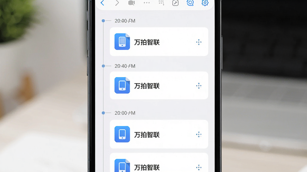 主体是一个手机文件管理界面,布局为列表式排列,排版上按照时间轴分组显示,风格为简约清爽的卡片式设计,细节上每个文件卡片带有设备图标和“万拍智联”标识,画质干净明亮,无多余元素。