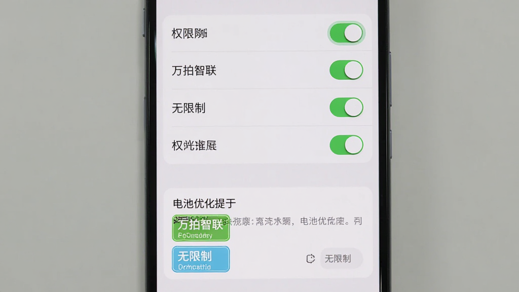 主体是一个手机界面展示权限设置页面,布局为上下结构,上方是权限开关列表,下方是电池优化提示,排版清晰,风格为系统原生设置风格,细节上高亮标注“万拍智联”和“无限制”选项,画质干净,无多余元素。