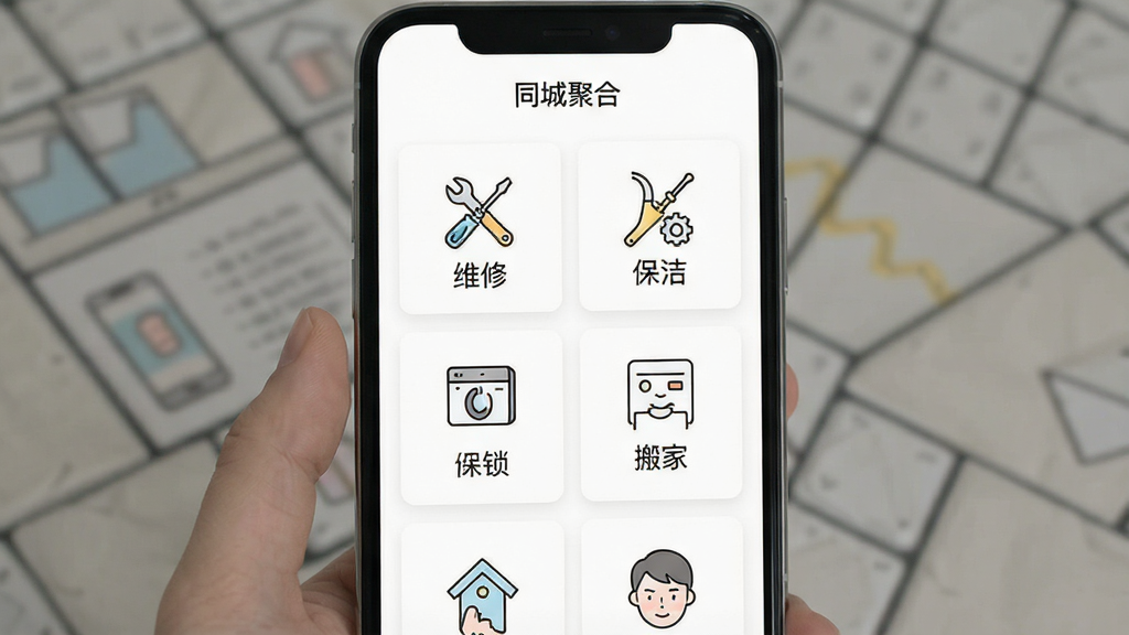 һ��չʾͬ�Ǿۺ�App����������ҳ����ֻ���ͼ���������ֻ���Ļ��ʾ��ͬ�Ǿۺϡ��������·�����������ά�ޡ����ࡢ��������ҵȷ���ͼ�꣬ÿ��ͼ�����м�������廭������Ϊ��ɫ��������±�ƽ�����ʸɾ����޶���Ԫ��