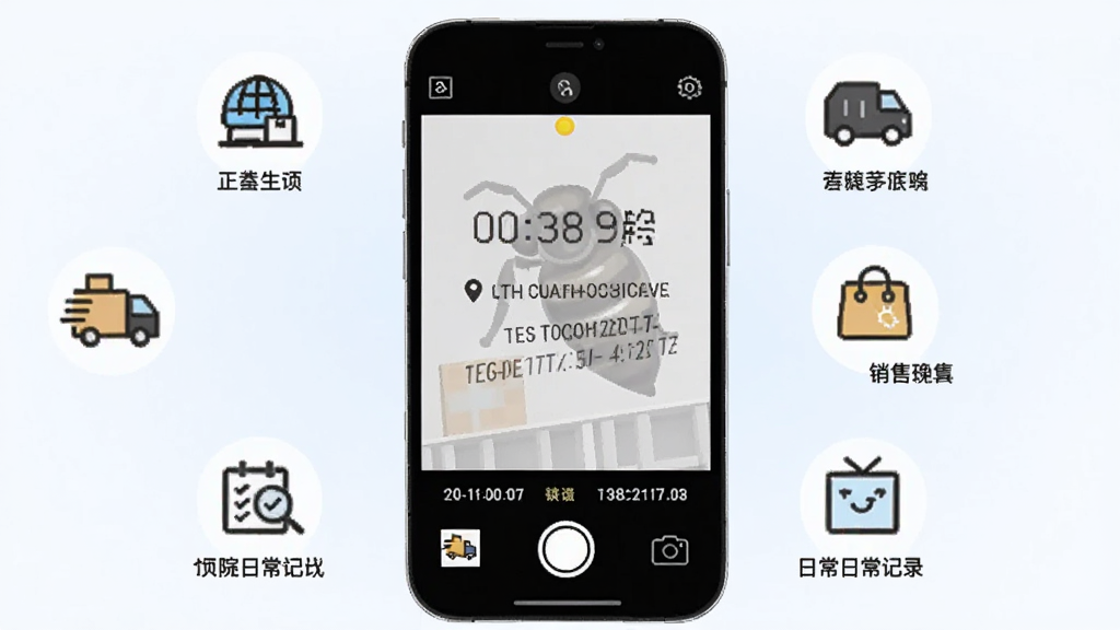 一张展示工作蜂水印相机核心功能的合成图,画面中央是一部智能手机,手机屏幕上显示着带有时间、地点、经纬度水印的拍照界面,手机周围环绕着工程、物流、销售、日常记录等不同场景的小图标,背景是柔和的蓝白渐变色,风格简洁现代,画质清晰,无多余元素