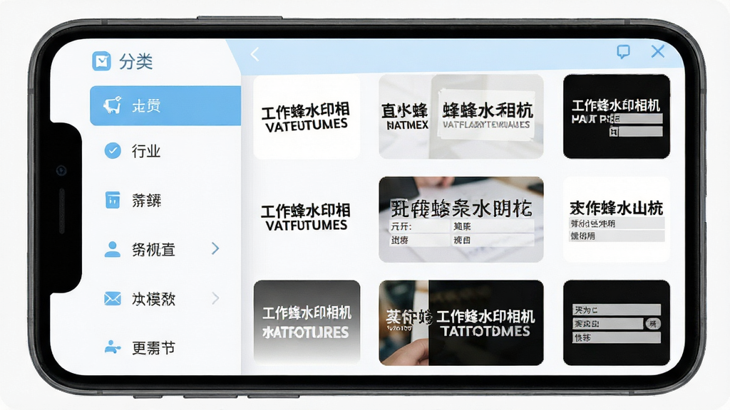 工作蜂水印相机的水印模板选择界面,画面中手机屏幕显示着分类清晰的水印模板列表,左侧是行业分类导航栏,右侧是模板缩略图预览,每个缩略图都展示了不同的水印样式和字段布局,界面以白色和浅蓝色为主色调,图标设计扁平化,整体布局整洁有序,画质干净无多余元素
