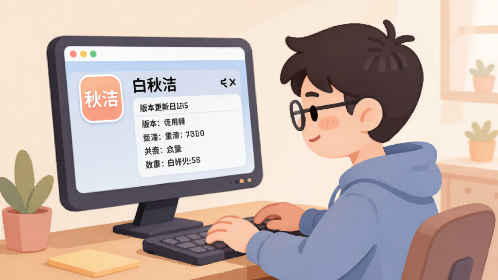 一个卡通风格的开发者坐在电脑前敲代码,屏幕上显示“白秋洁”的图标和版本更新日志,画面温馨,配色柔和,风格扁平插画,画质清晰干净,无多余元素