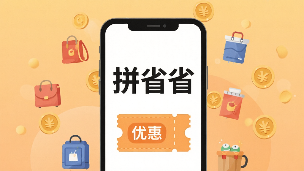 一张展示购物省钱主题的扁平化插画,画面中央是一个巨大的手机屏幕,屏幕中显示着“拼省省”三个大字和一张优惠券图标,周围环绕着各种商品小图标和金币元素,背景是柔和的橙黄色渐变,风格简洁明快,细节清晰,画质干净,无多余元素