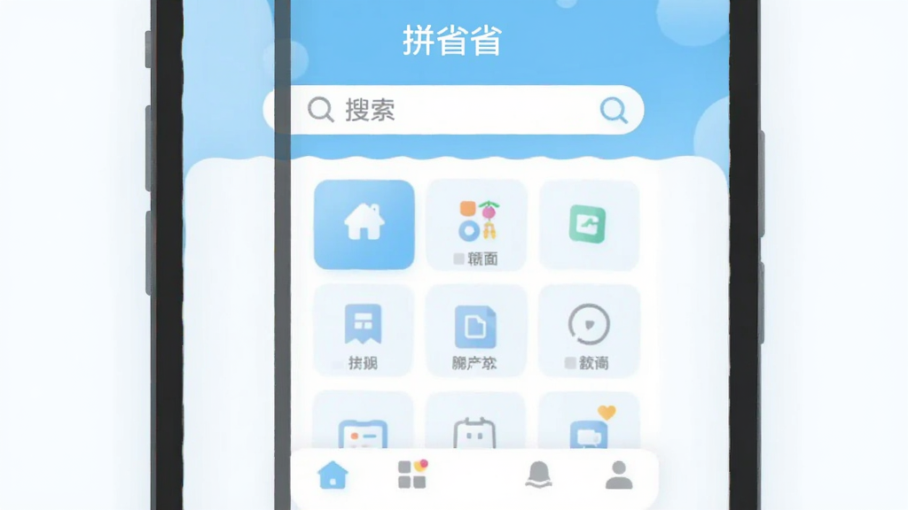 一张展示手机APP界面设计的扁平化插画,画面主体是“拼省省”的主页,页面顶部有搜索栏,中间是功能图标网格,底部是导航栏,整体以浅蓝色和白色为主,没有广告横幅,风格极简清新,画质干净无多余元素