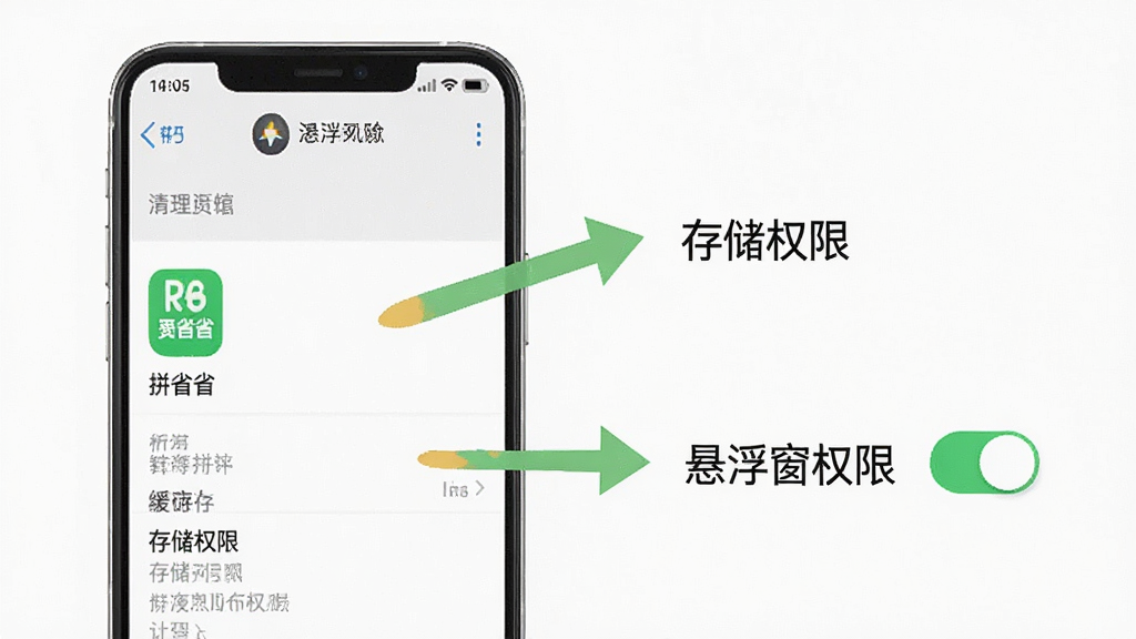 一张展示手机清理缓存和权限设置的步骤示意图,画面中有一部手机,屏幕上显示设置菜单和“拼省省”应用图标,旁边有箭头指向“存储权限”和“悬浮窗权限”开关,风格简洁直观,画质干净无多余元素