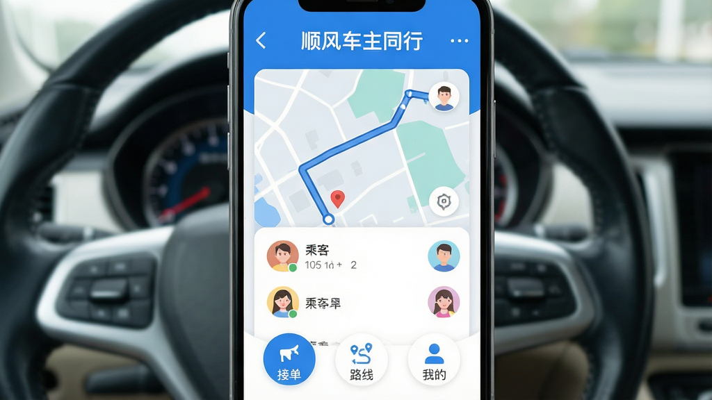 һ���ֻ���Ļ��д����Ļ����ʾ��˳�糵��ͬ�С�APP�������棬����������ɫ��Ϊ���������С�˳�糵��ͬ�С����ֱ�ʶ���м���ʾ��ͼ·�ߺ�˳·ƥ��ĳ˿�ͷ���б����ײ��С��ӵ�����·�ߡ����ҵġ�����Բ��ͼ�갴ť���������ִ���ƽ����ϸ��Բ�������������ǳ����ӽǵ�ģ�������̺��Ǳ��̣����ʸɾ����޶���Ԫ�ء�