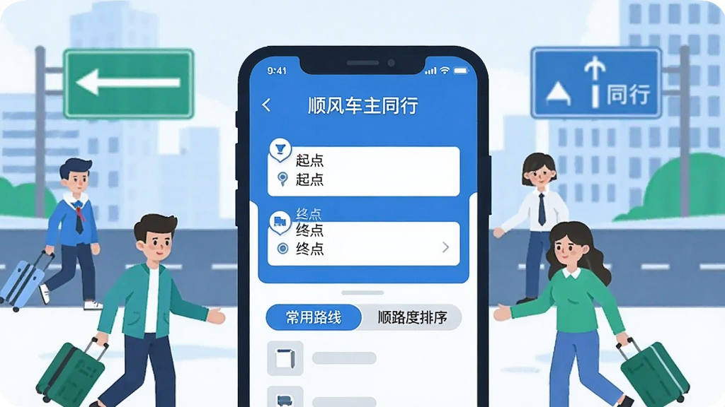 һ�ű�ƽ���廭���ͼƬ������������һ���ֻ����ֻ���Ļ����ʾ��˳�糵��ͬ�С���·�����ý��棬�������յ�������·��С�����·�ߡ���˳·�����򡱵ȱ�ǩ���ֻ���Χ�����ż�����ͨ���ĳ˿�С�ˣ�����������������ǳ��е�·��·�꣬��������죬ɫ����������Ϊ��������������������Ԫ�ء�