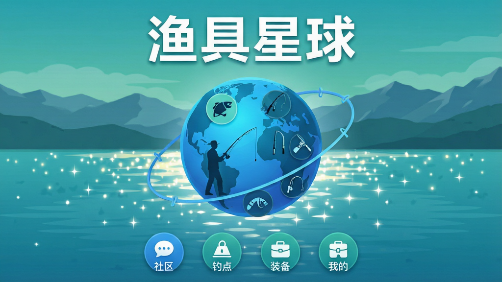 渔具星球App主界面全貌展示,画面中央是一个充满科技感的蓝色星球被鱼线环绕,星球表面有钓鱼人剪影和各类渔具图标,背景是波光粼粼的湖面与远山,顶部用白色加粗字体写着“渔具星球”,底部排列着社区、钓点、装备、我的四个圆形图标按钮,整体风格现代扁平,色调以蓝绿为主,画质干净清晰,无多余元素