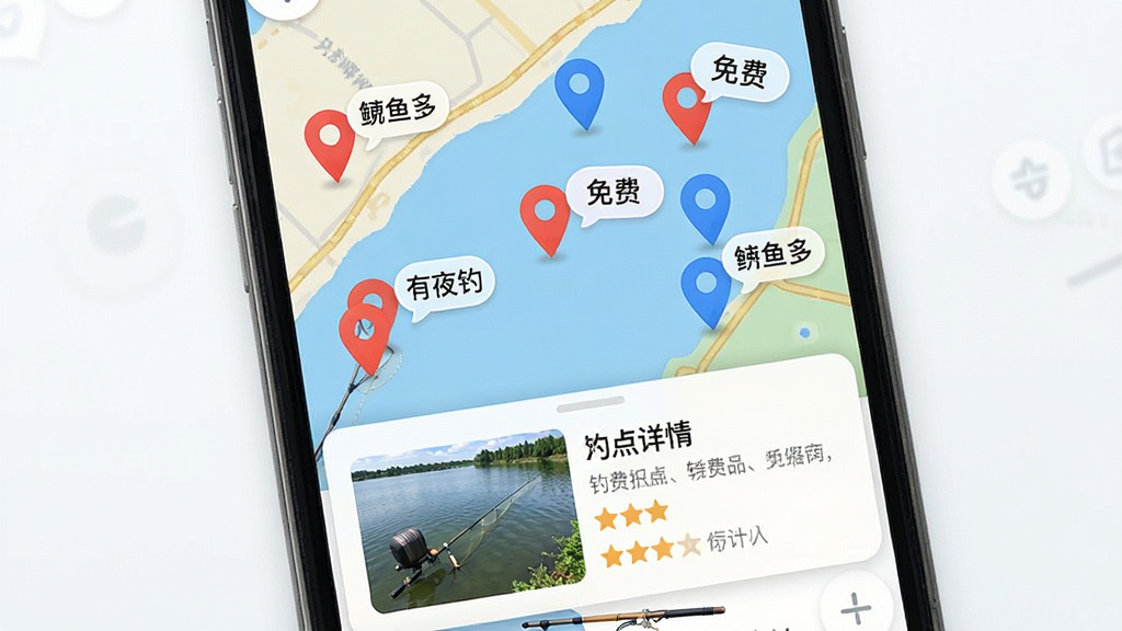 渔具星球钓点地图功能界面,手机屏幕显示一张水域地图,上面散布着红色和蓝色的定位图钉,每个图钉旁边有小气泡显示“鲫鱼多”“免费”“有人夜钓”等标签,底部弹窗展示钓点详情卡,包含实拍照片和文字评价,画面风格简洁明亮,字体清晰可读,整体布局直观,画质干净无杂乱