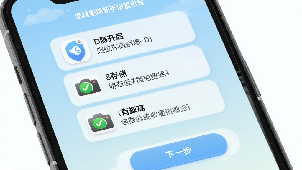 渔具星球新手设置引导界面,手机屏幕显示权限开启列表,包含定位、存储、相机三个图标,每个图标旁有绿色对勾和文字说明,背景为淡蓝色渐变,底部有“下一步”按钮,画面风格清新简洁,文字清晰,无多余元素